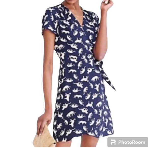 J.Crew Navy Leopard Cat Print Short Sleeve A-Line Wrap Dress Size 2 Tie Waist - Picture 1 of 16